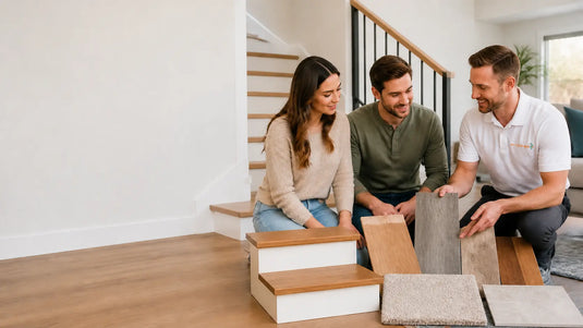 Three people kneeling on a wooden staircase in a residential flooring, examining and comparing different wood and carpet sample boards. The scene is brightly lit with natural light coming from a window in the background.