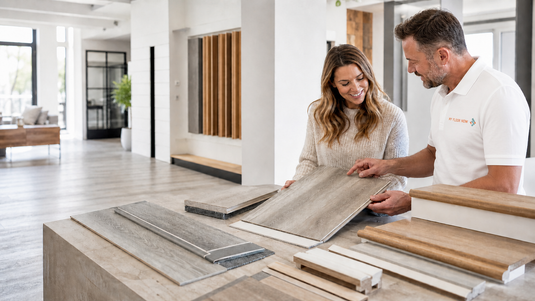 A man and a woman in a modern showroom examine waterproof flooring samples laid out on a table. The man wears a white polo shirt with a visible 'Floor & Color' logo on the chest.