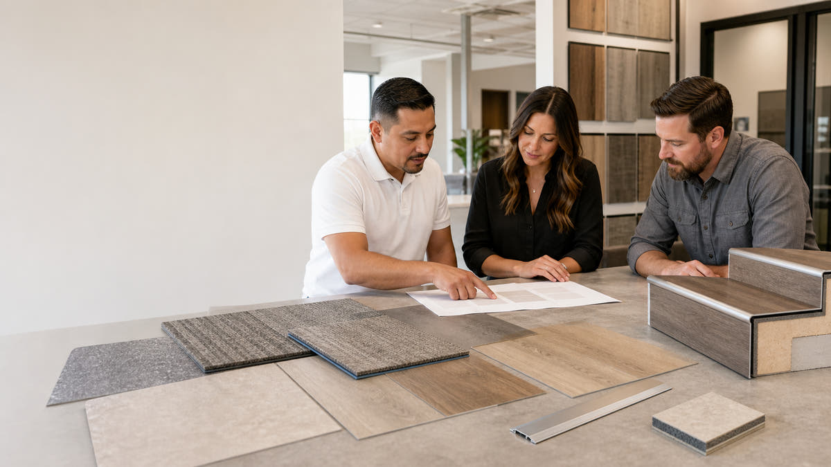 Three people seated around a table reviewing 5th and main samples and material swatches in a bright indoor showroom.
