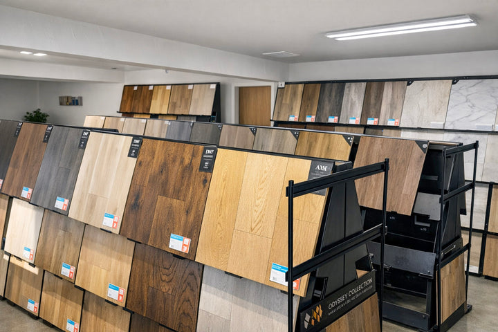 Display of various wood flooring samples in a showroom.