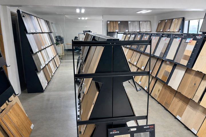 Wood flooring samples displayed in a showroom