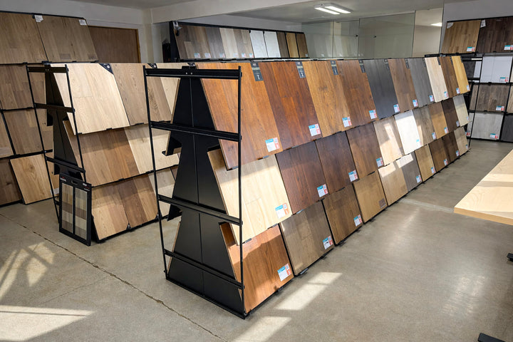 Display of wooden flooring samples in a showroom