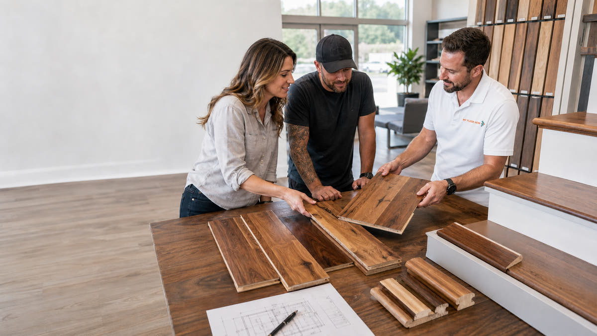 three people around a table looking at acacia engineered hardwood flooring