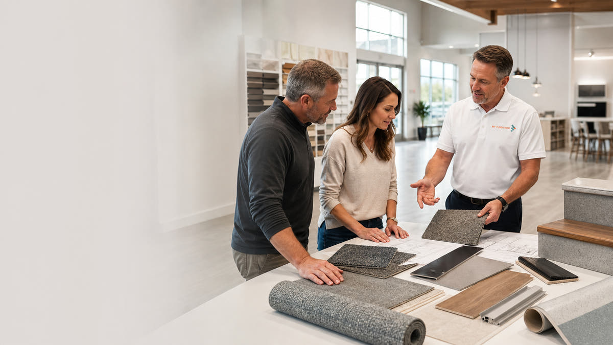 Three people stand around a table in a bright showroom, examining Aladdin Commercial samples including a rolled carpet piece and flat wood-look boards.
