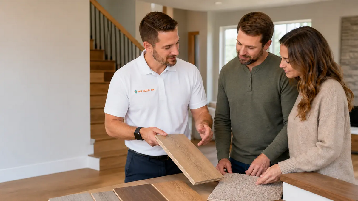 Three people in a modern home interior are gathered around a table examining various wood and laminate flooring samples. The man on the left wears a white polo shirt with a visible 'Floor Design' logo, while the other two examine different flooring options including light oak, medium brown, and dark walnut tones.