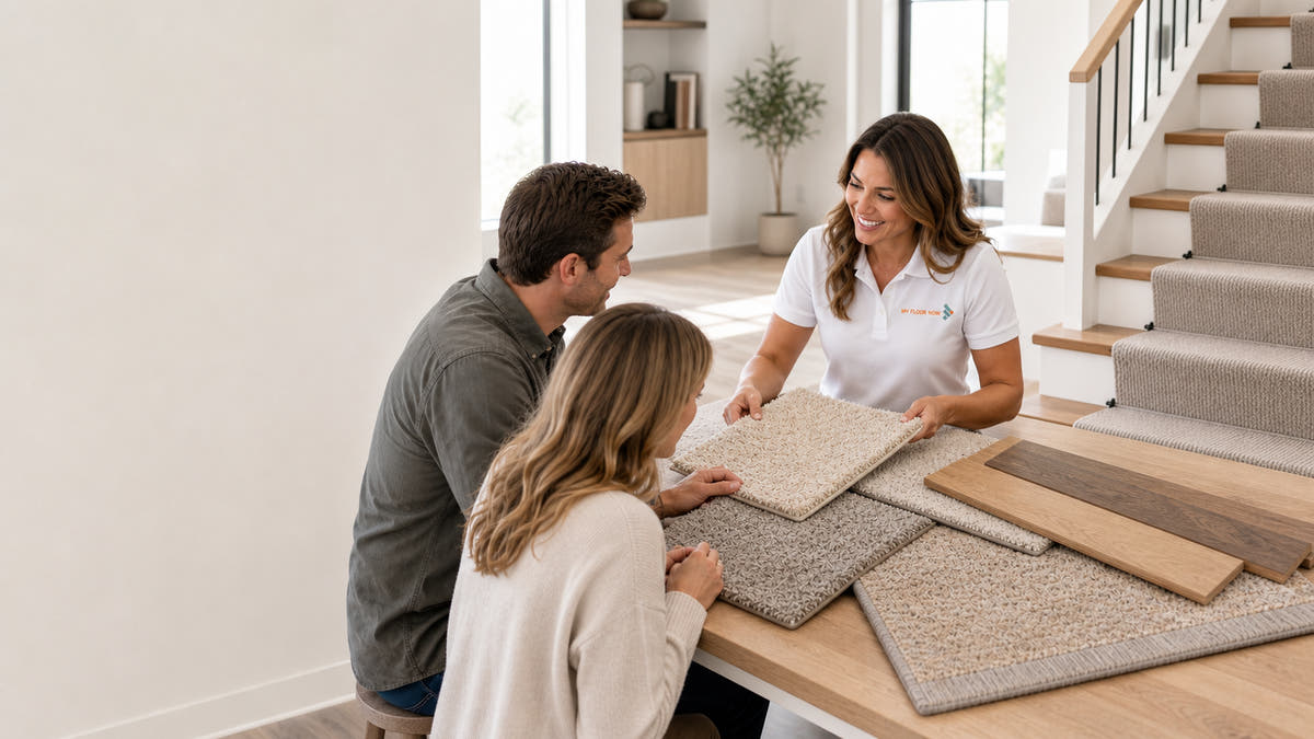 A woman in a white polo shirt with a logo stands at a table with a couple, showing them Anderson Tuftex samples in a bright, modern home interior.