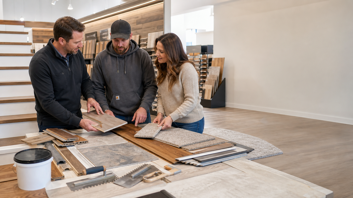 Three people in a berthoud flooring store looking at wood samples.