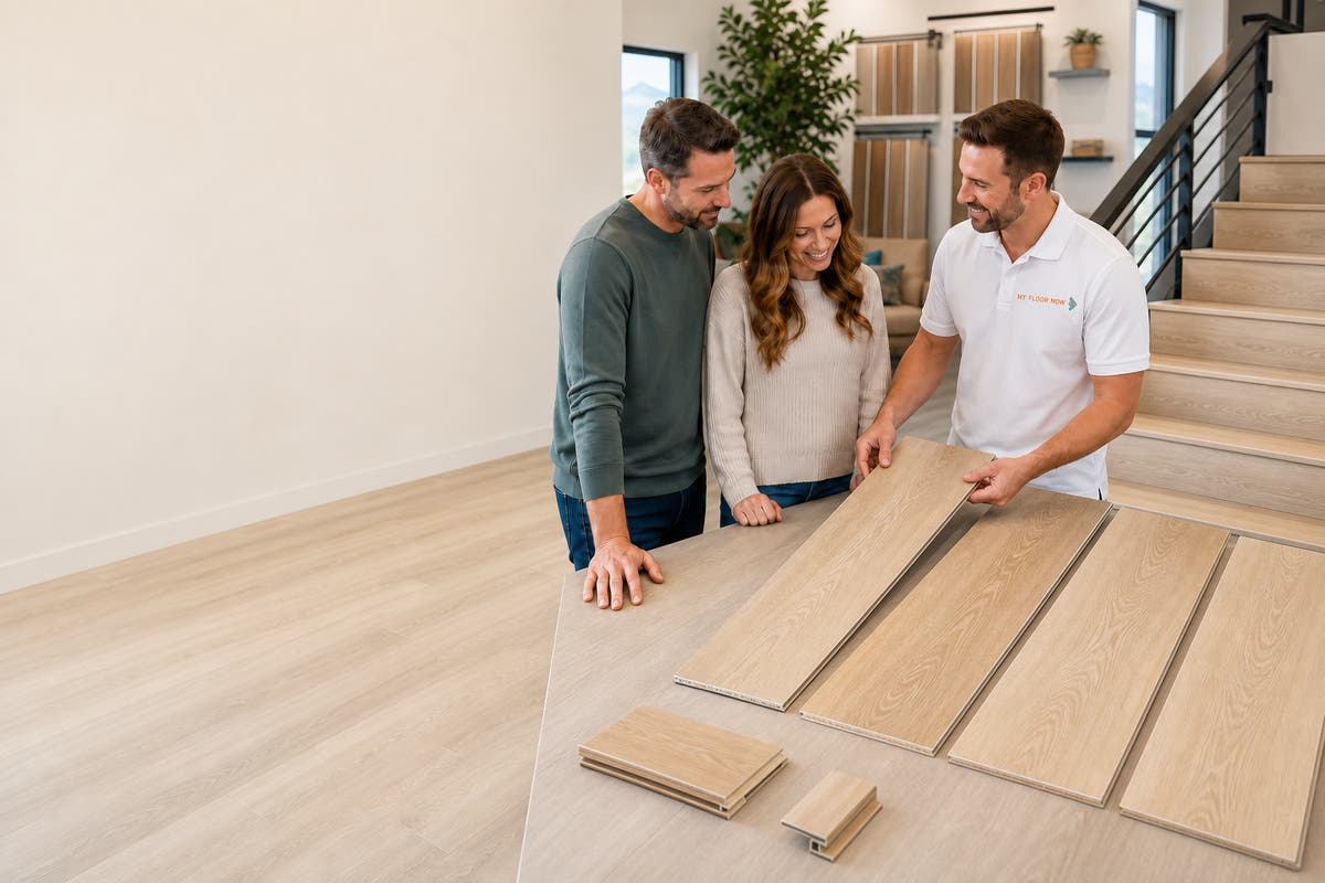 Three people in a bright, modern room are examining blonde vinyl plank flooring flooring planks laid out on the floor. One man wears a white polo shirt with a visible 'HOMAN' logo on the chest.