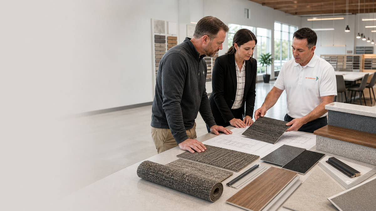 Three professionals review commercial flooring on a table in a bright office space. Several carpet and flooring swatches are displayed on the table, including a rolled gray carpet sample, square black and gray samples, and wood-look samples.