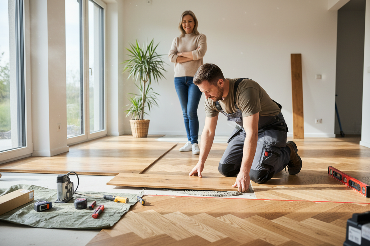 Create a photograph that emodies this: My Floor Now was founded with a simple but powerful idea: make high-quality flooring easier, faster, and more valuable for homeowners.The company began in the mid-2010s, built by industry professionals with decades of hands-on experience in flooring sales, installation, and project management. From the start, the focus was clear, remove confusion, eliminate hidden costs, and deliver professional results without the typical headaches homeowners expect from flooring proj