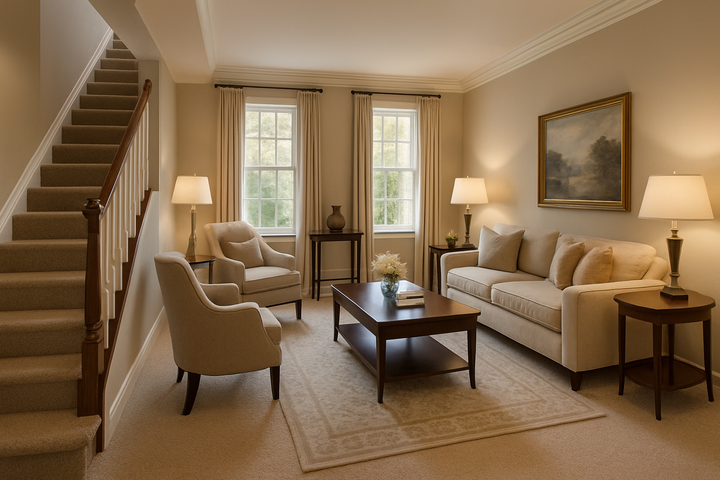 day time, good lighting, carpet living room, with stairs carpeted, photograph that you would see in a best homes photograph