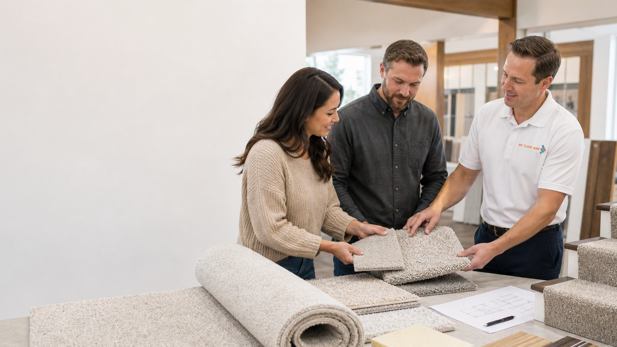 Three people in a showroom examine DreamWeaver Carpet samples, including a rolled light beige rug, square sample pieces, and stair carpet samples, with a bright modern interior in the background.