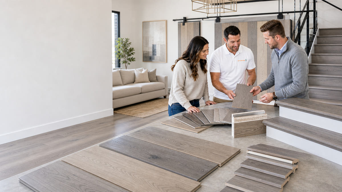 Three people around a table looking at grey wood floors