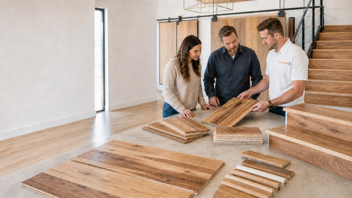 Three people looking at hick engineered hardwood floor samples