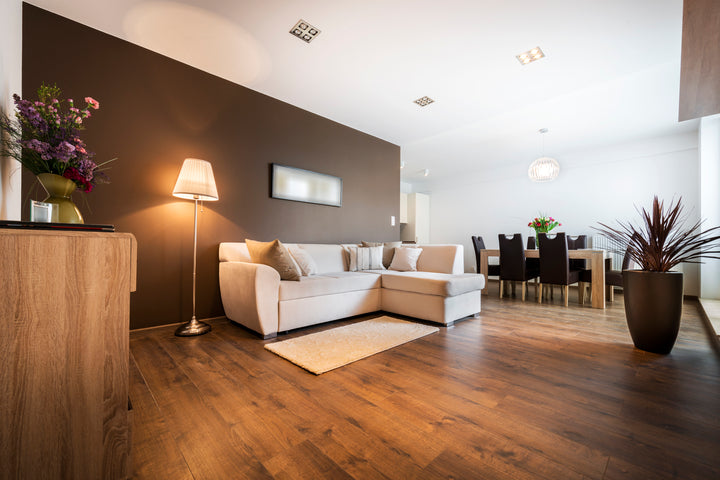 Modern living room with a sectional sofa, lamp, and decorative elements.