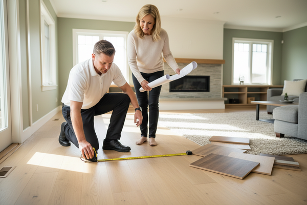 Man and woman measuring a wooden floor in a living room.