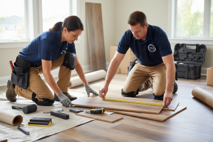 Two flooring installers in matching navy blue and khaki uniforms kneel on a hardwood floor, measuring wood planks with a yellow tape measure in a bright room with large windows.