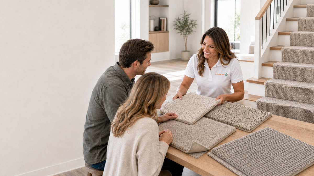 A loop pile carpet sample display table in a bright home interior, with a woman in a white polo shirt showing carpet samples to a man and a child. Carpet samples in beige, taupe, and gray are laid out on the table, with a staircase visible in the background.