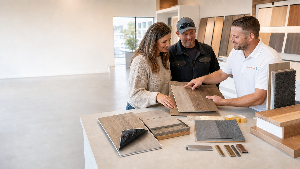 Three people standing in a bright showroom, examining wood-look flooring samples displayed on a table and hanging on the wall.