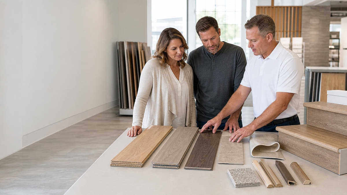 Three people standing together in a bright showroom, examining various wood and mohawk hard surface samples displayed on a table.