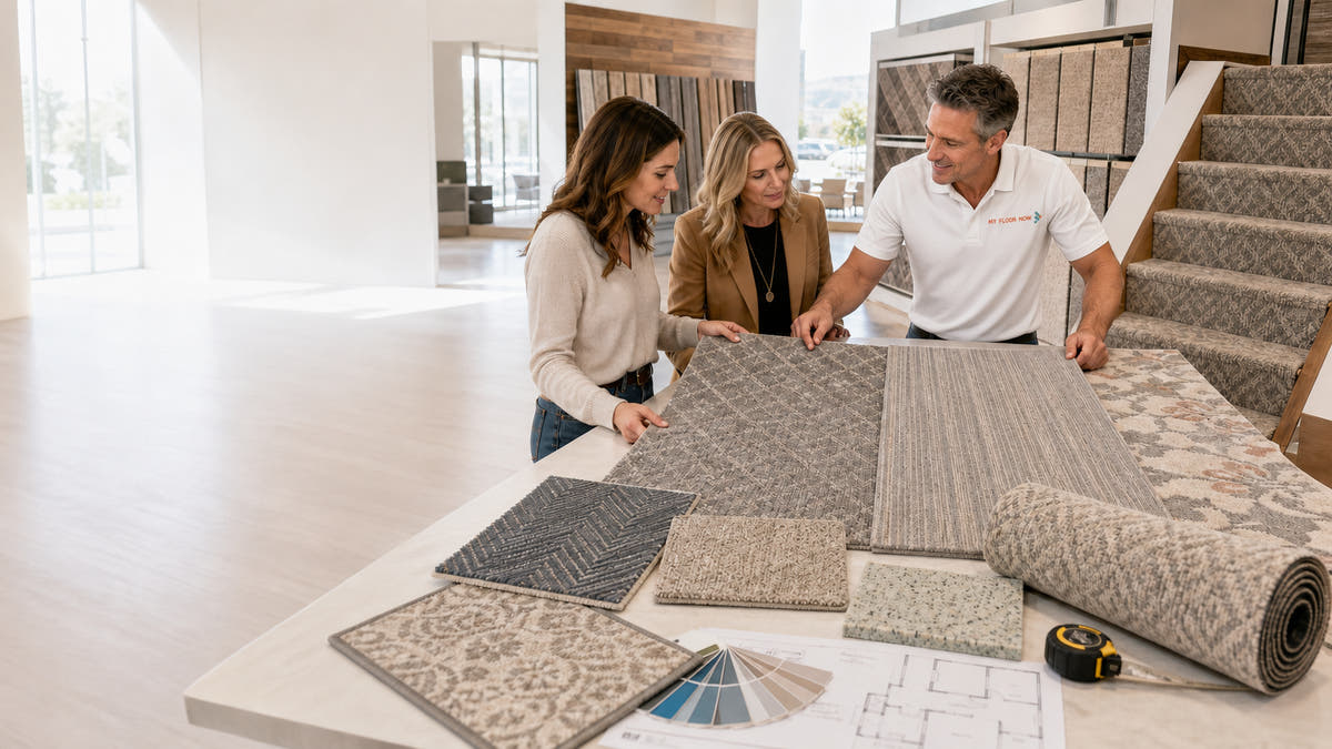 A man and two women in a bright showroom examine patterned carpet area rugs spread out on a table, with additional rug samples, a rolled rug, and a carpet sample fan visible.