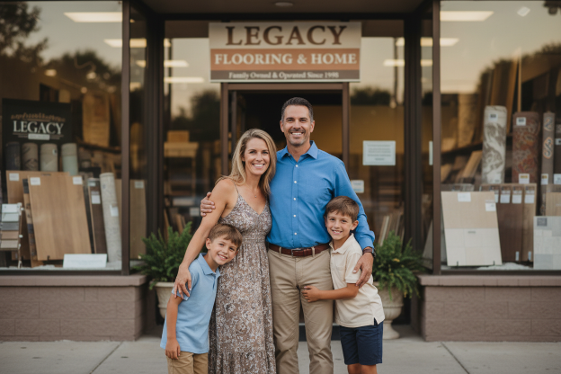 A family of four stands smiling in front of a storefront with a sign reading 'Legacy Flooring & Home.' The mother wears a sleeveless patterned dress, the father wears a bright blue button-up shirt and khaki pants, and the two boys wear light blue and white shirts with shorts.