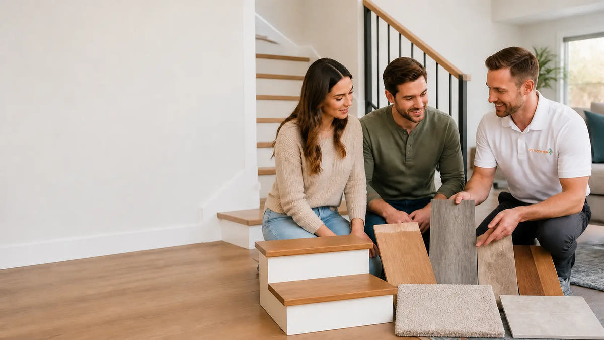 Three people kneeling on a wooden staircase in a residential flooring, examining and comparing different wood and carpet sample boards. The scene is brightly lit with natural light coming from a window in the background.