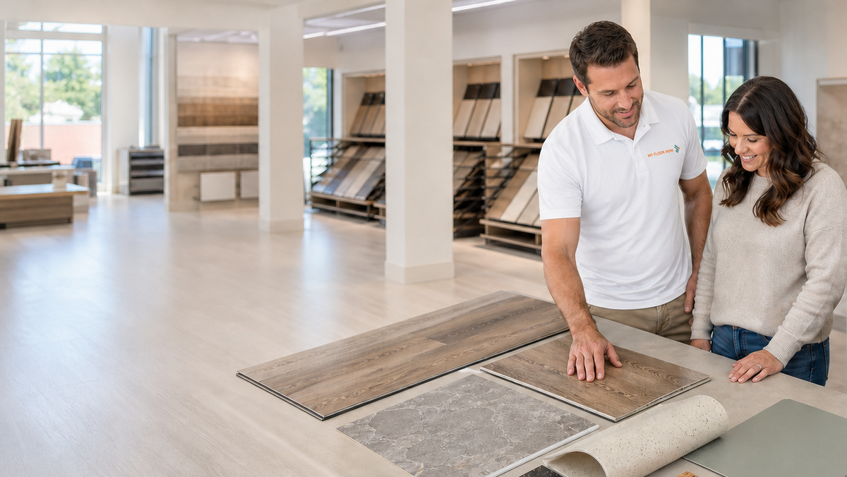 A man and a woman stand in a bright resilient flooring showroom, examining sample planks of wood, stone, and textured flooring displayed on the floor beside a staircase.