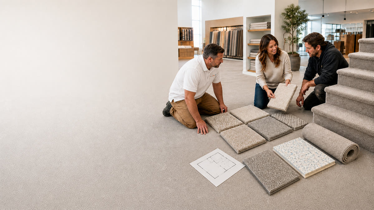 Three people in a carpet showroom examining textured carpet samples laid out on the floor, with a rolled carpet sample and a stairway visible in the background.